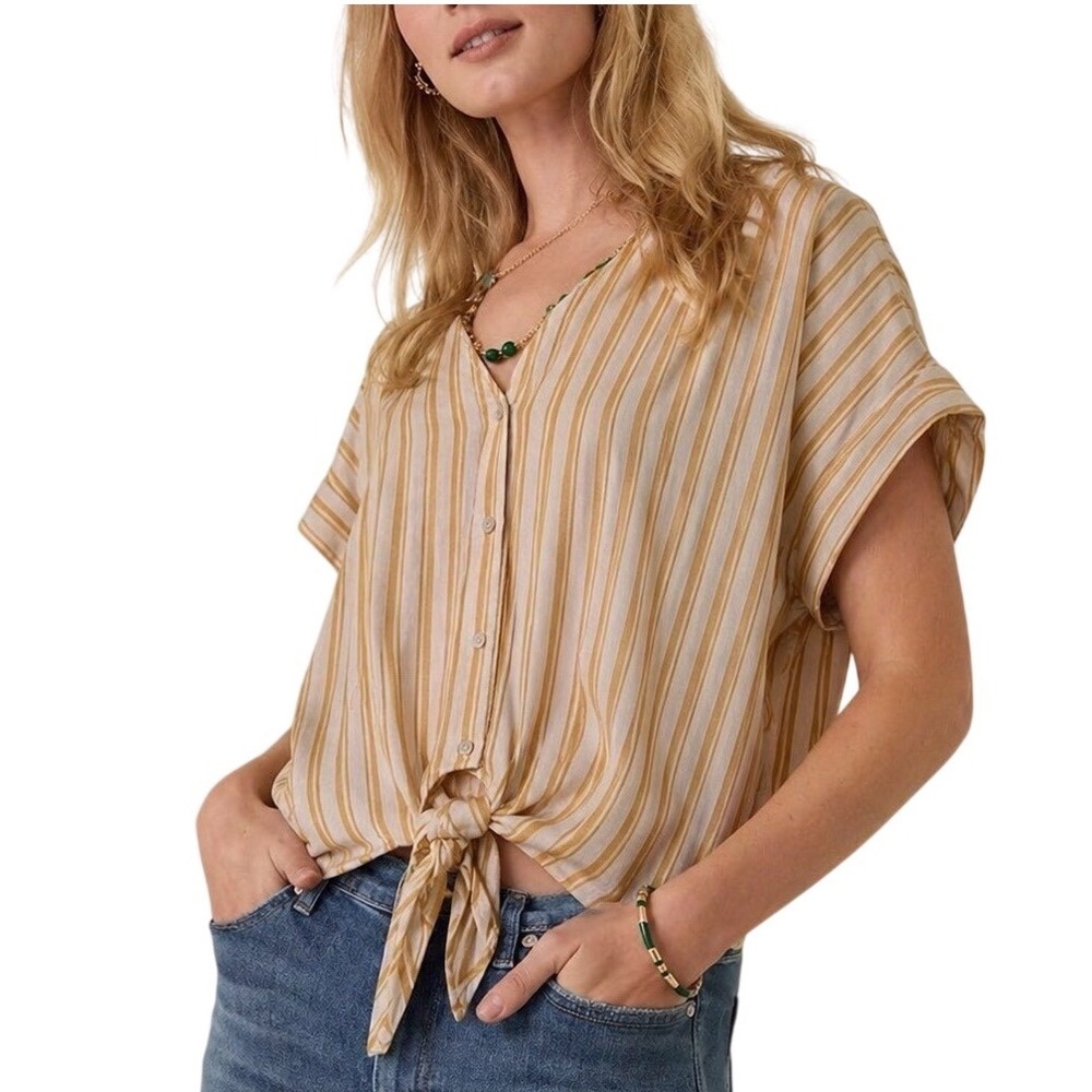 Anthropologie Cloth & Stone Yellow Striped Front Tie Crop Top Shirt